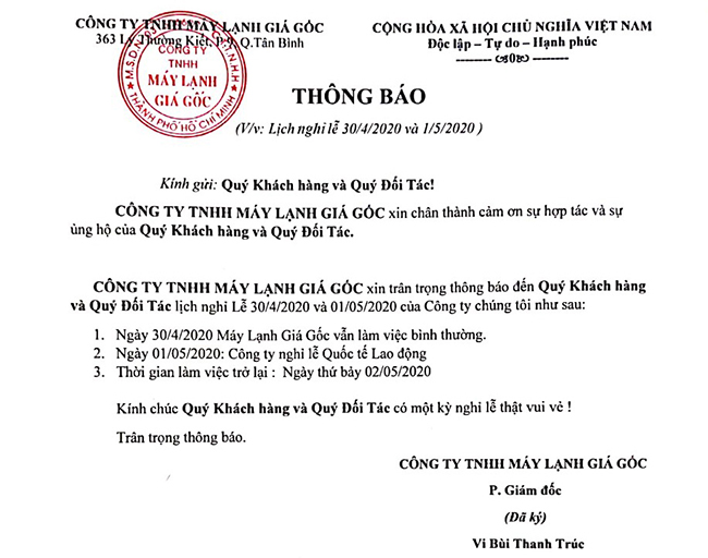 Thông báo lịch nghỉ lễ 30/04 và ngày quốc tế lao động 01/04 năm 2020