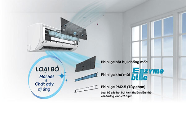 Máy lạnh Daikin Inverter 2 HP FTKZ50VVMV - Phin lọc Enzyme Blue khử mùi, giảm 99.9% một số loại vi khuẩn